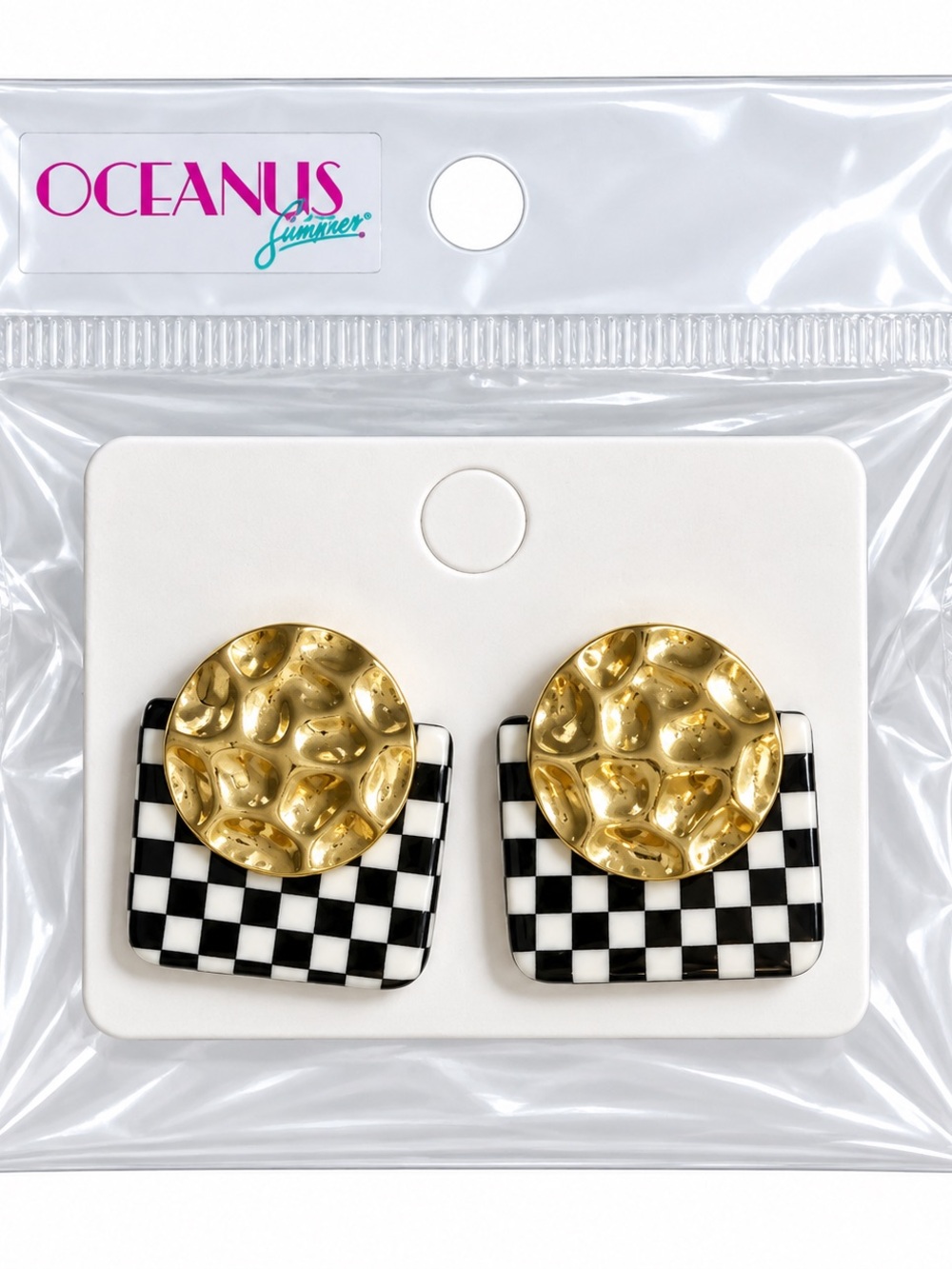 Oceanus Summer Gold & Black Checkerboard Drop Earrings
